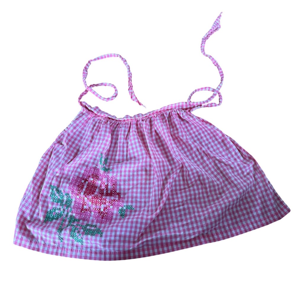 Hand stitched floral pink‎ gingham checkered apron skirt Kitchy retro